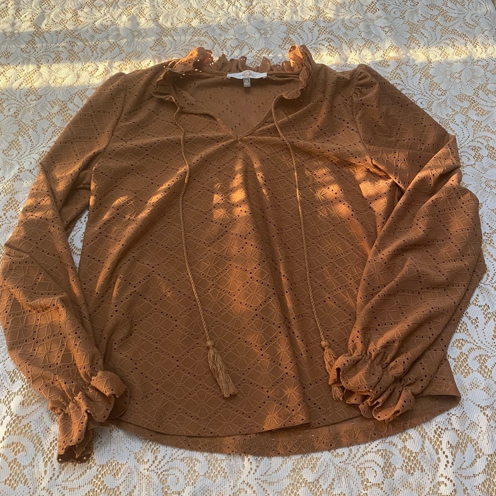 Melograno Rico Women Casual Lantern Sleeve V Neck Med Burnt Orange Top Blouse